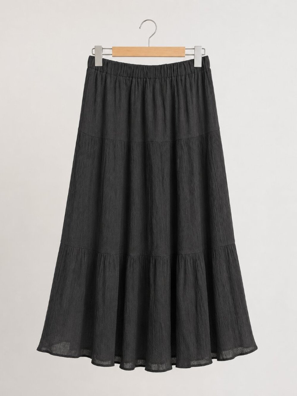 Crinkled Tiered Viscose Black Midi Skirt Elastic Waistband Dark Romance